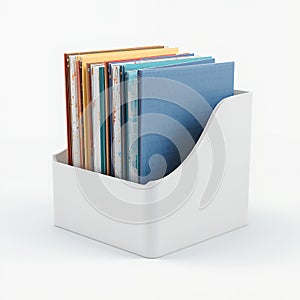 Colorful Books in White Organizer Box on White Background