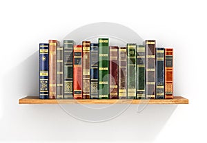 Colorful books on the wood shelf. photo