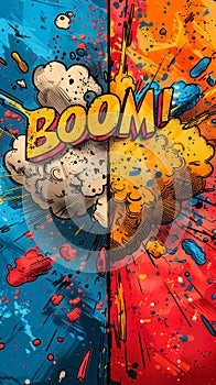 Colorful BOOM! comic book explosion bubble with sound effect, dynamic lines, and burst elements, representing action