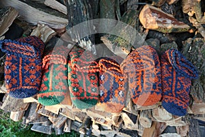 Colorful Bosnian wool socks priglavke on wood
