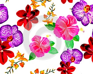 Colorful Botanical Backdrop. Green Orchid Garden. Purple Hibiscus Wallpaper. Red Flower Plant. Pink Watercolor Decor. Yellow Seaml
