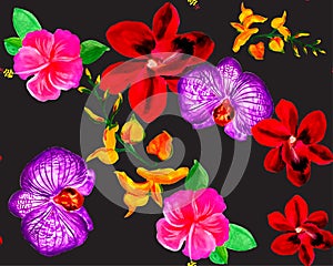 Colorful Botanical Foliage. Red Orchid Plant. Pink Hibiscus Foliage. Yellow Flower Backdrop. Purple Watercolor Design. Green Seaml