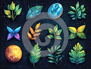 Magical Nature and Celestial Elements on Starry Background
