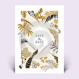 Colorful botanical invitation card template design, hand drawn tropical plants