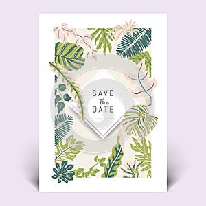 Colorful botanical invitation card template design, hand drawn tropical plants