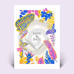 Colorful botanical invitation card template design, hand drawn tropical plants