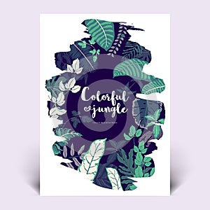 Colorful botanical invitation card template design, hand drawn tropical plants in black paint shape brush