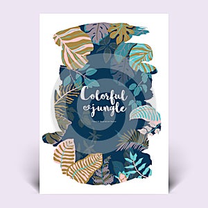 Colorful botanical invitation card template design, hand drawn tropical plants in black paint shape brush