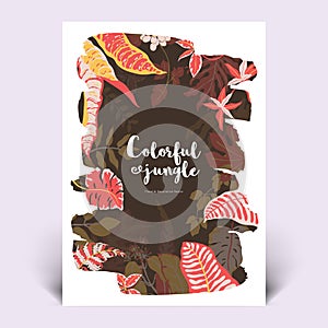 Colorful botanical invitation card template design, hand drawn tropical plants in black paint shape brush
