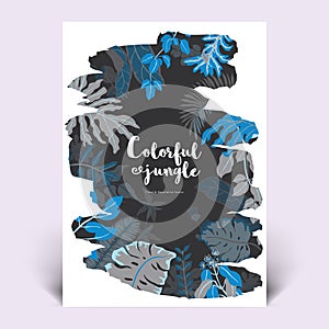 Colorful botanical invitation card template design, hand drawn tropical plants in black paint shape brush