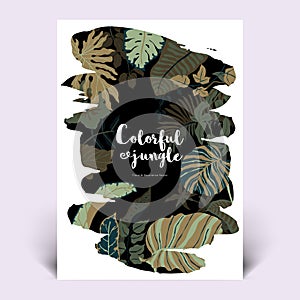 Colorful botanical invitation card template design, hand drawn tropical plants in black paint shape brush