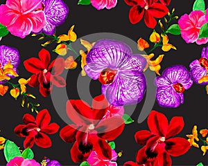 Colorful Botanical Print. Purple Orchid Textile. Yellow Hibiscus Painting. Red Flower Painting. Green Watercolor Backdrop. Pink Se