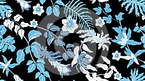 Colorful botanical seamless pattern, hand drawn tropical plants on black, blue tone