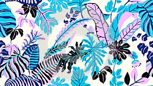 Colorful botanical seamless pattern, hand drawn tropical plants on light yellow background