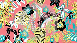 Colorful botanical seamless pattern, hand drawn tropical plants on pink background