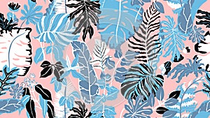 Colorful botanical seamless pattern, hand drawn tropical plants on pink, blue, black and pink tones