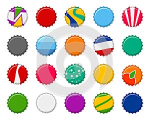 Colorful bottle caps set isolated on white background. Labels in the form of bottle aluminum caps, Soda or juice bottle