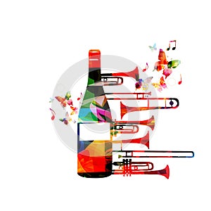 Colorful bottle with trumpet and music notes isolated vector illustration. Background for restaurant poster, restaurant menu, musi