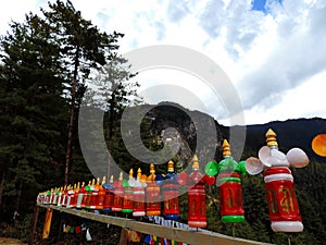 Colorful bottles decoration on the way to Paro Taktsang of Bhutan