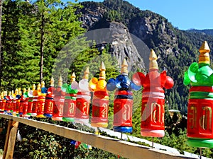 Colorful bottles decoration on the way to Paro Taktsang of Bhutan