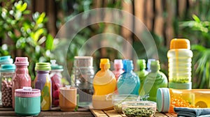 Colorful Bottles on Wooden Table