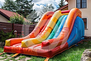 Colorful bouncy castle slide for children playground. Generative AI.