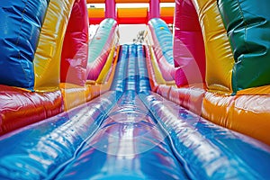 Colorful bouncy castle slide for children playground. Generative AI.