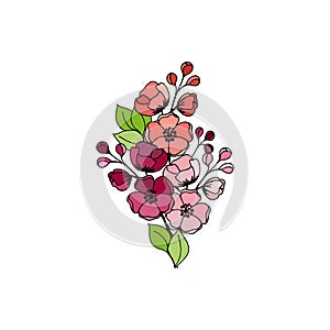 Colorful bouquet of cherry flowers on a white background. Vector illustration for festive design.