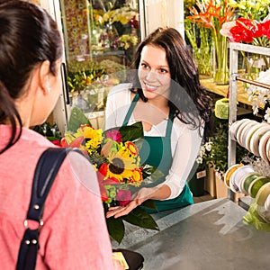 Colorful bouquet florist woman selling customer flower