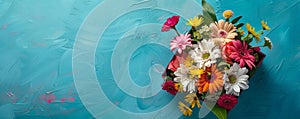 Colorful bouquet of flowers on blue textured background