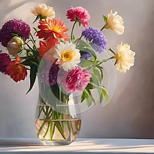 Colorful bouquet of flowers in a vase sitting on a table in front of a creamy light background. photo