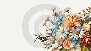 Colorful bouquet of flowers on a white background. Copy space. AI Generated