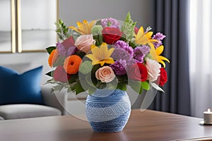 Colorful Bouquet of Flowers on Wooden Table in Living Room Setting