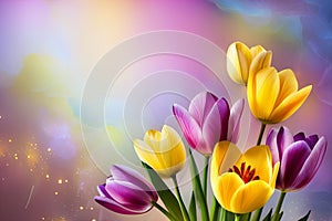 A colorful bouquet tulips with a purple and yellow flower in the middle