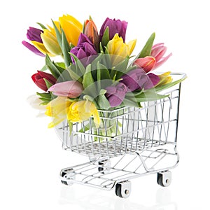 Colorful bouquet tulips in shopping cart