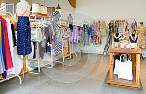 Colorful Boutique Interior with Assorted Fashion Apparel and Accessories
