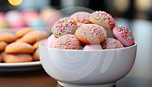 A colorful bowl of homemade macaroons, a sweet temptation generated by AI