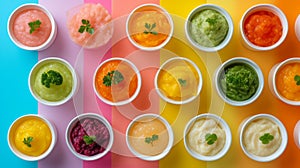A colorful bowls of different colored sauces and garnishes, AI