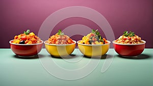 Colorful bowls of fresh vegetables and pasta and legumes. Generative AI