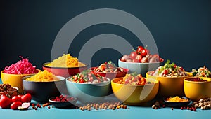 Colorful bowls of fresh vegetables and pasta and legumes. Generative AI