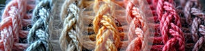 Colorful braided yarn texture with multicolor threads woven in pattern photo