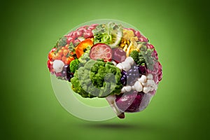 Colorful brain composed of vegetables, veganism and environmentalism concept