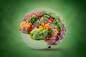 Colorful brain composed of vegetables, veganism and environmentalism concept