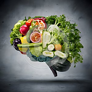 Colorful brain composed of vegetables, veganism and environmentalism concept