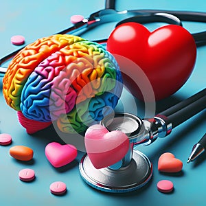 Colorful brain heart stethoscope connection