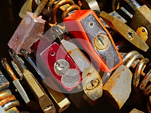 Colorful brass, steel and plastic covered padlocks in close-up view.