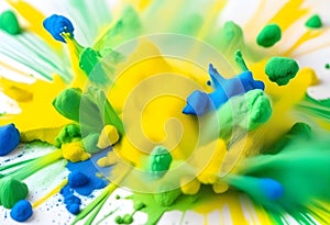 colorful brazilian flag green yellow blue color holi paint powder explosion on isolated white