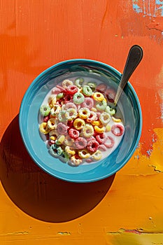 Colorful breakfast cereal in a blue bowl with milk on vibrant background