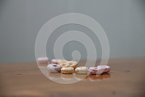 Colorful breakfast cereal on a table