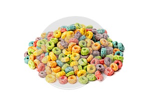 Colorful Breakfast Rings Pile Isolated. Fruit Loops, Fruity Cereal Rings, Colorful Corn Cereals